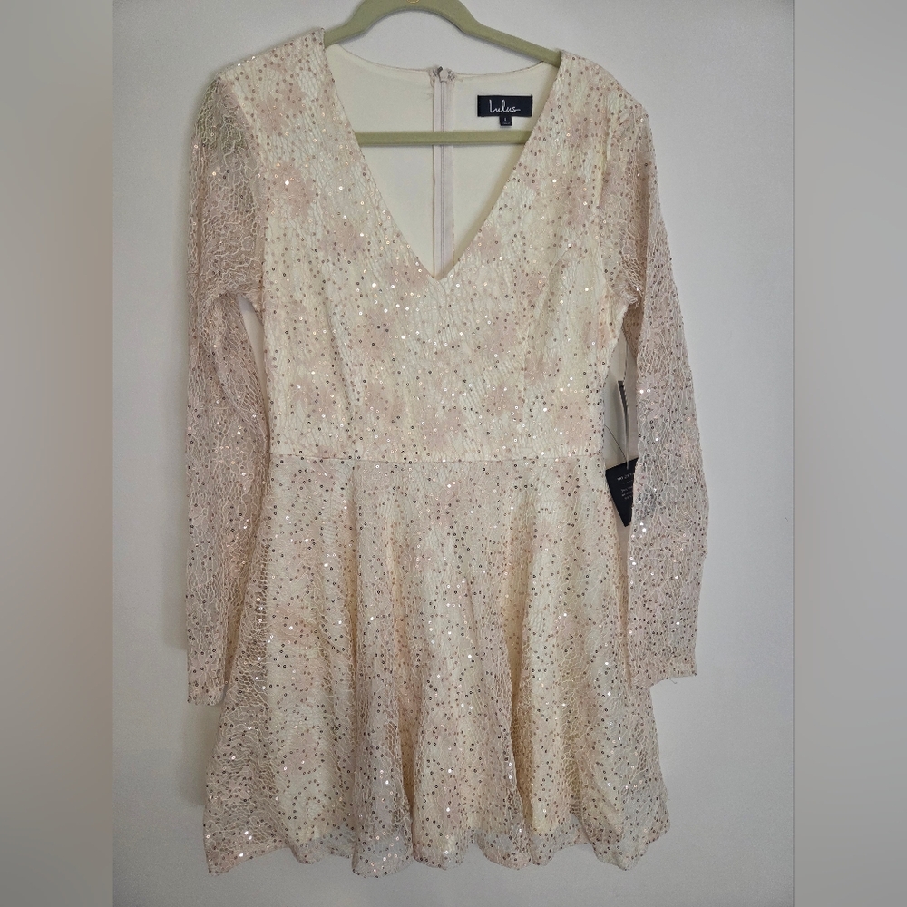 Lulu's Glittering Cream Long Sleeve Dress